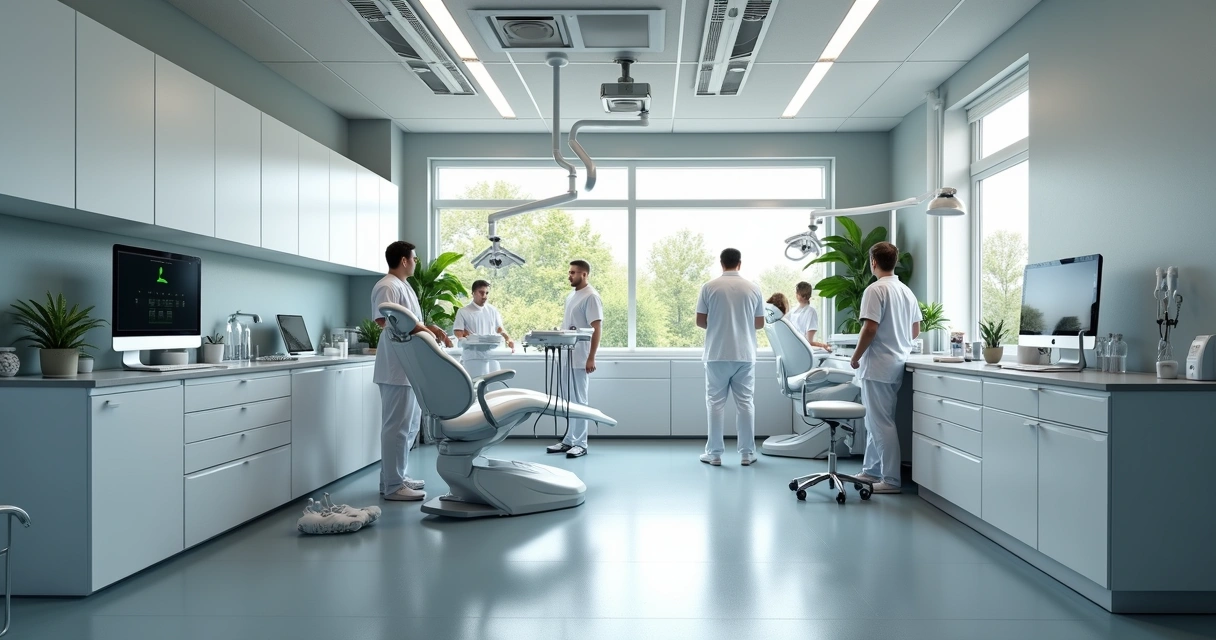 Consultório odontológico moderno com equipe organizando equipamentos, ambiente iluminado, mobiliário branco e tecnologia digital visível 