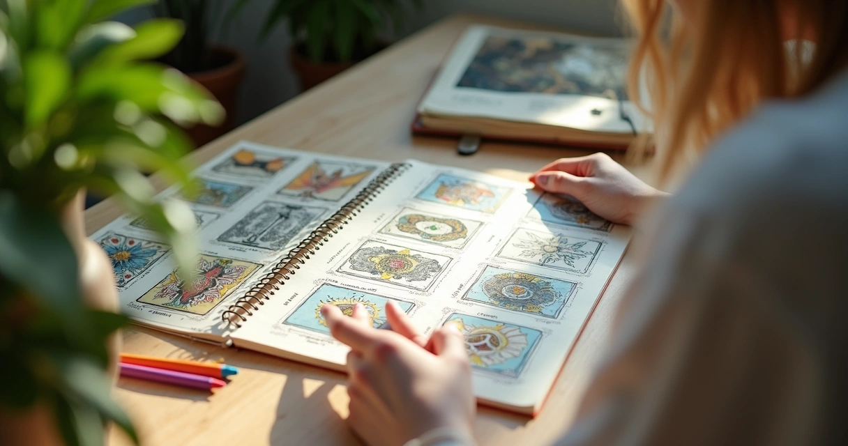 Pessoa olhando cartas de tarot ao lado de caderno com desenhos criativos