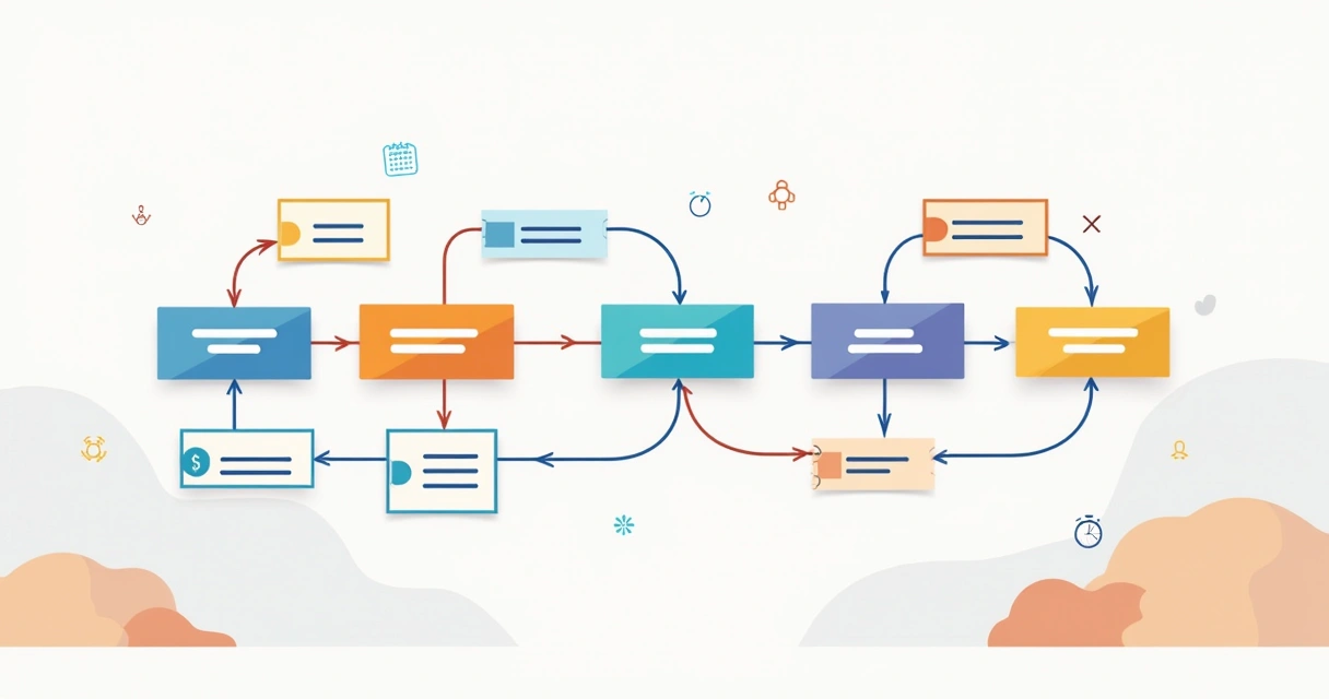 Diagrama colorido de tarefas de projeto conectadas por setas, destacando caminhos alternativos, em fundo claro 