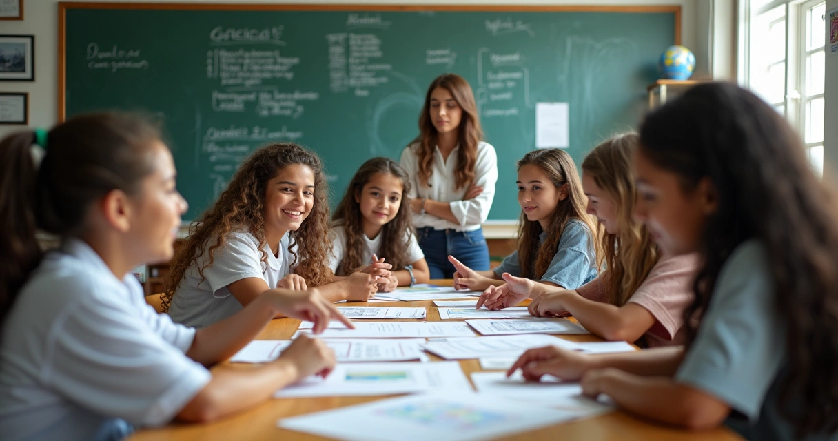 Alunos do ensino médio apresentando projeto escolar interdisciplinar 