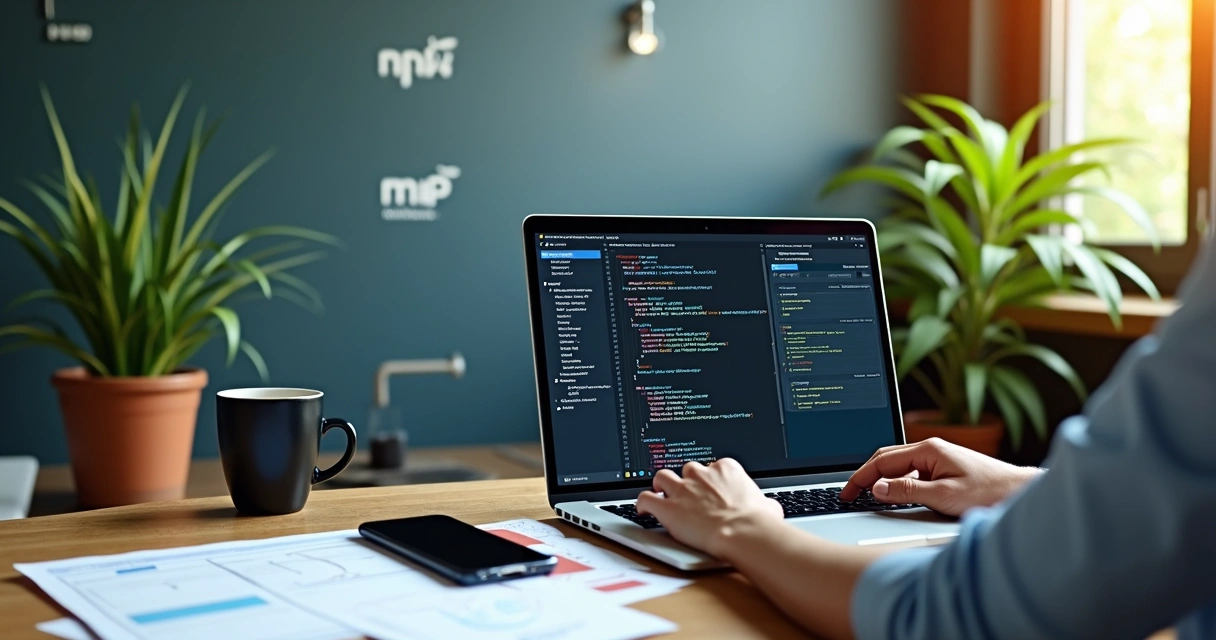 Desenvolvedor programando site PHP em notebook com ambiente de trabalho moderno 