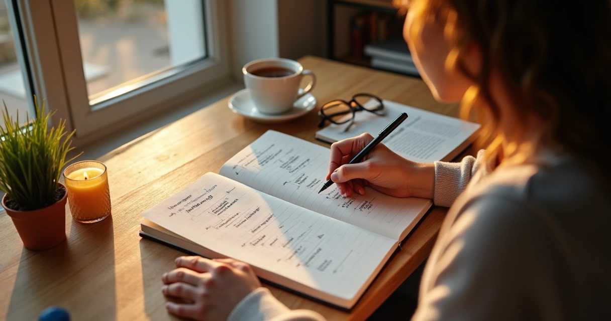 Pessoa escrevendo projeto de vida em caderno com elementos de autoconhecimento ao redor 