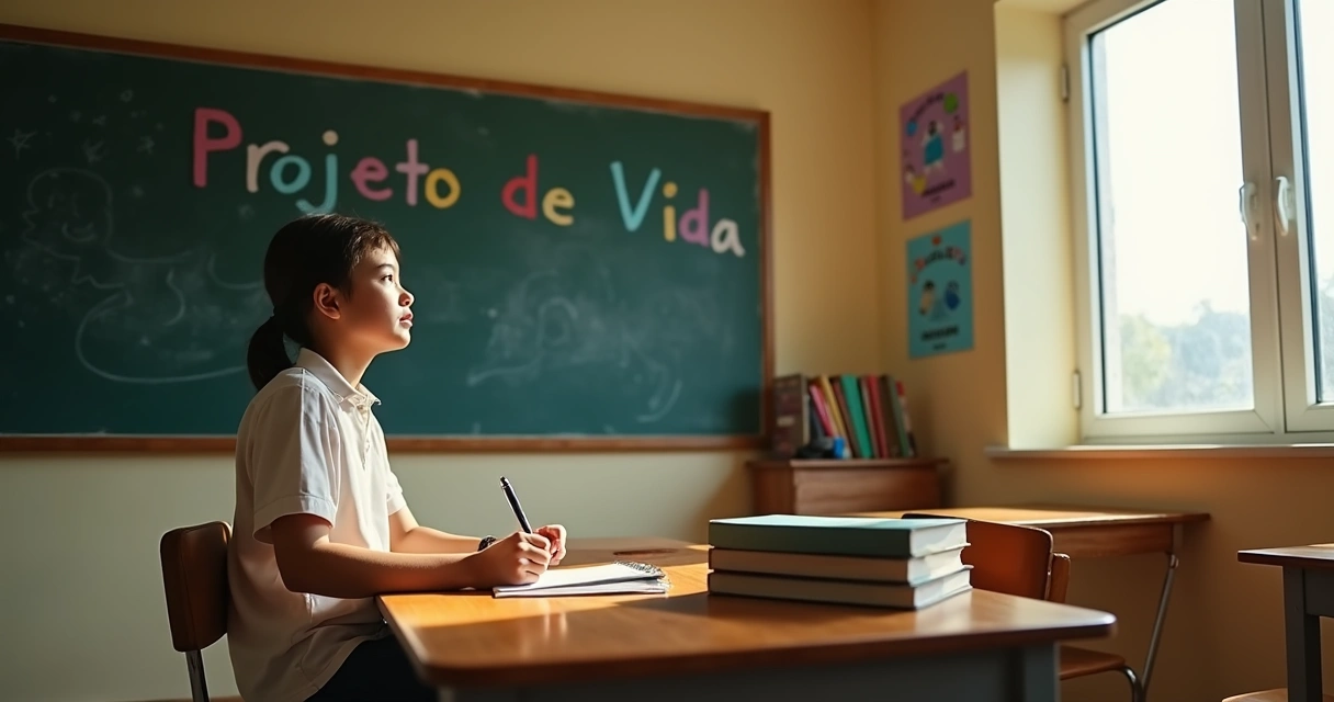Jovem refletindo sobre projeto de vida em sala de aula 