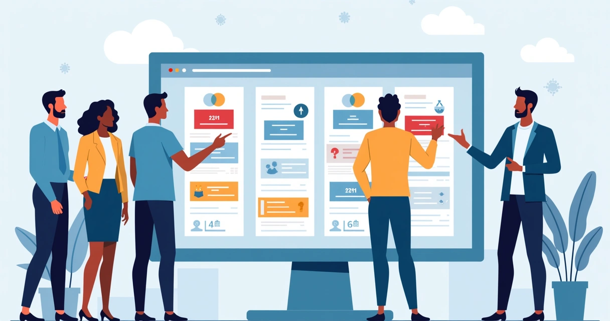 Equipe apontando tarefas urgentes em tela do computador 