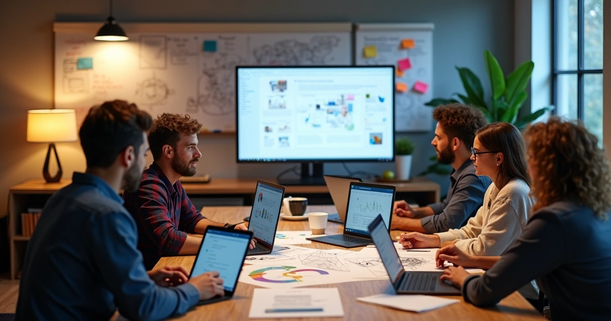 Equipe de desenvolvedores reunida ao redor de computadores discutindo projeto de software sob medida.