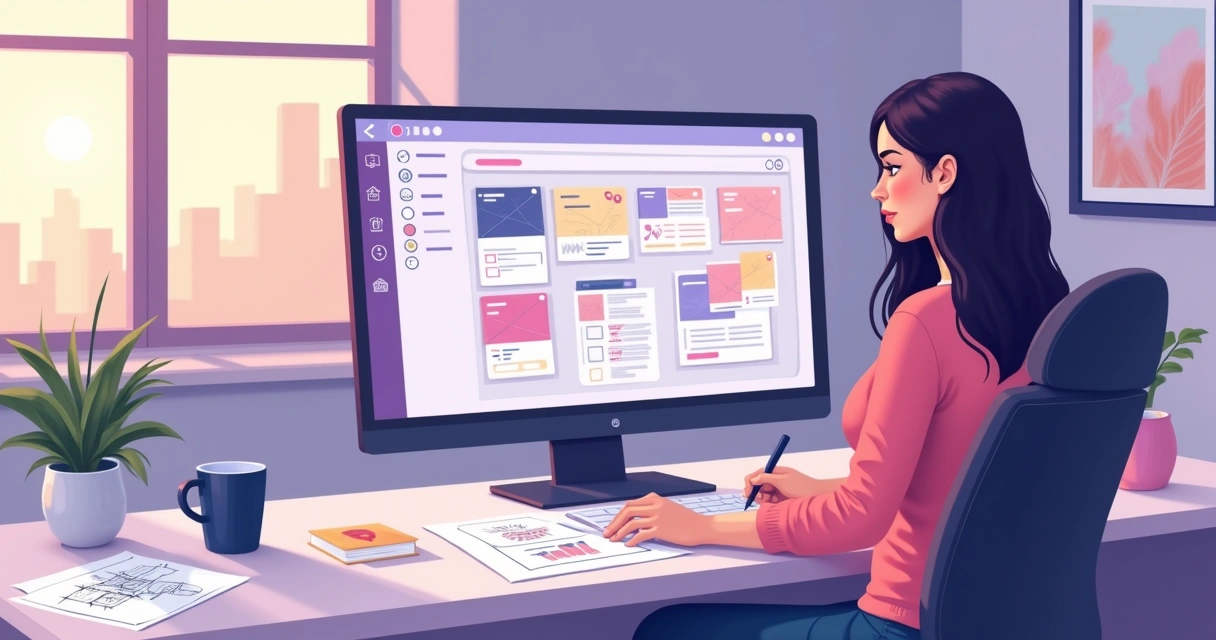 Designer trabalhando em tela de computador com fluxo de tarefas do projeto exibido 