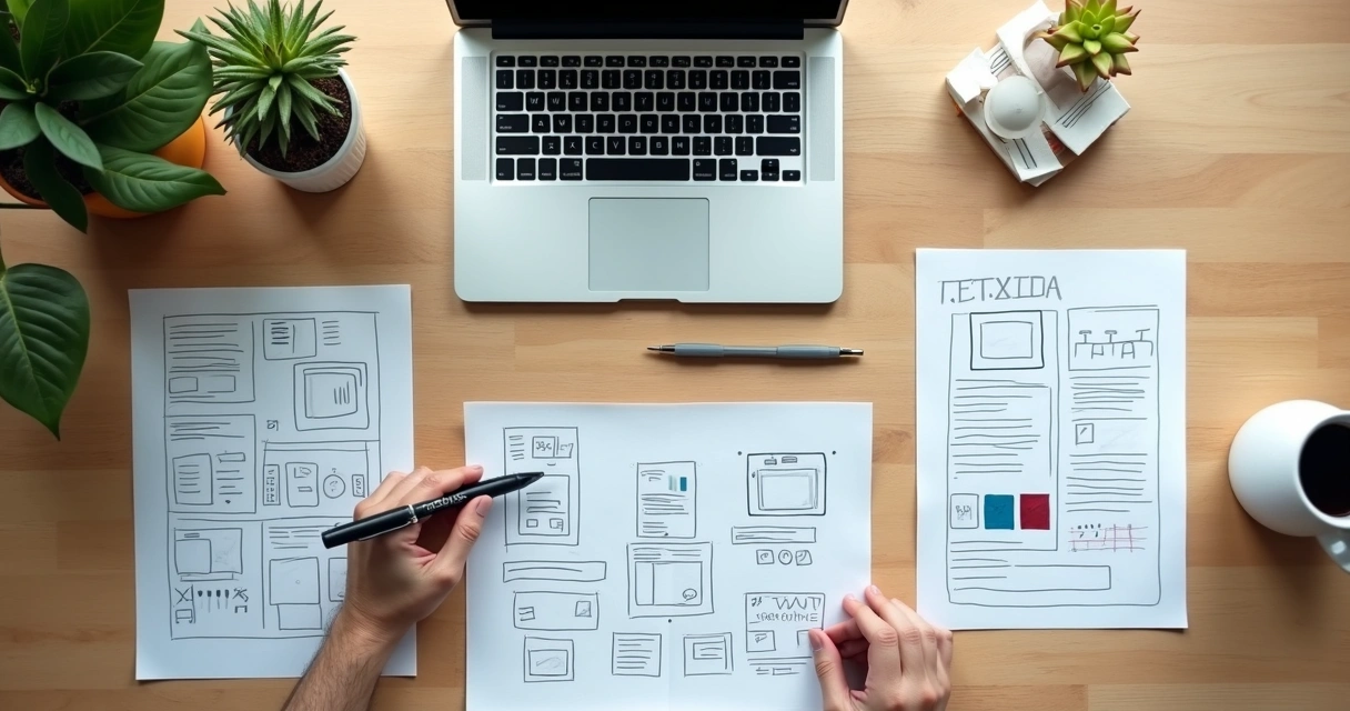 Protótipo de site profissional em tela de notebook e papéis ao lado 