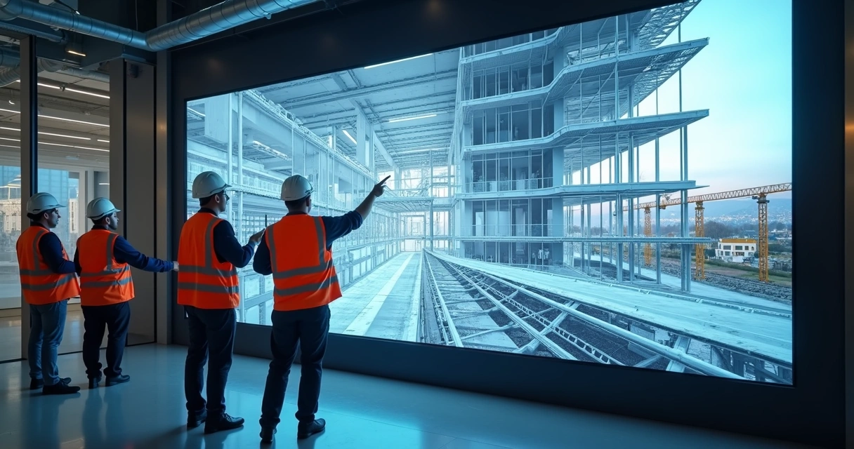 Projeto digital de construção civil com vários profissionais reunidos 