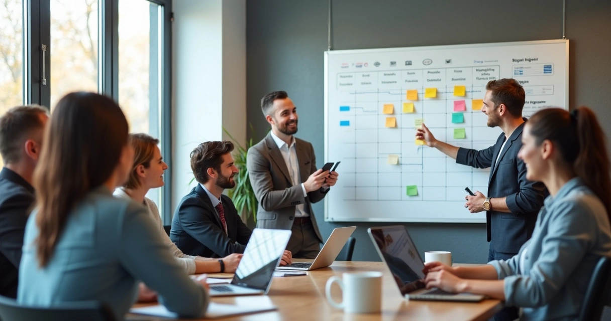 Time de profissionais e gestores de empresa analisando calendário e etapas de implantação digital juntos na mesa de reunião 