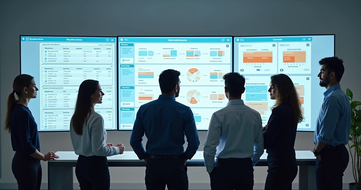 Profissionais brasileiros em ambiente colaborativo digital, analisando fluxos de trabalho em telas 