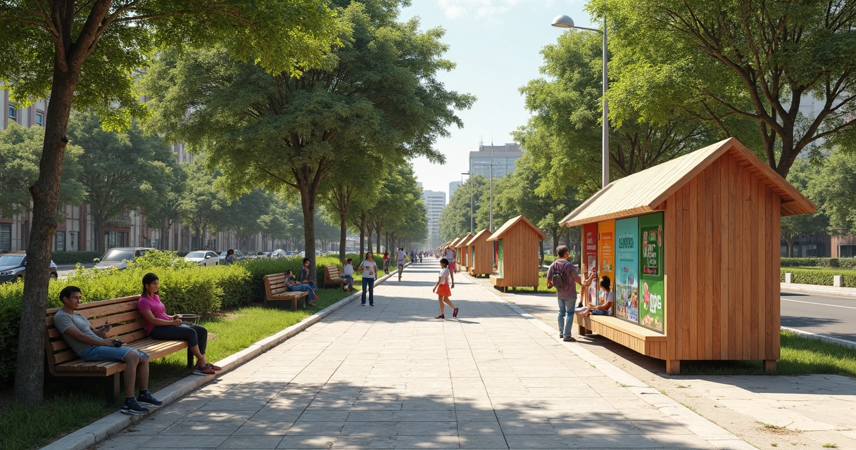 Rua com mobiliário urbano feito de materiais reciclados, Curitiba