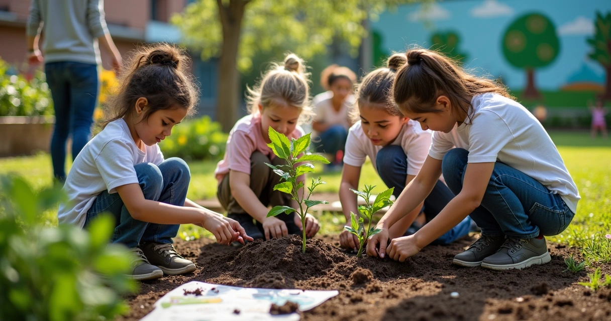 Alunos e professores reunidos em ação ambiental escolar 