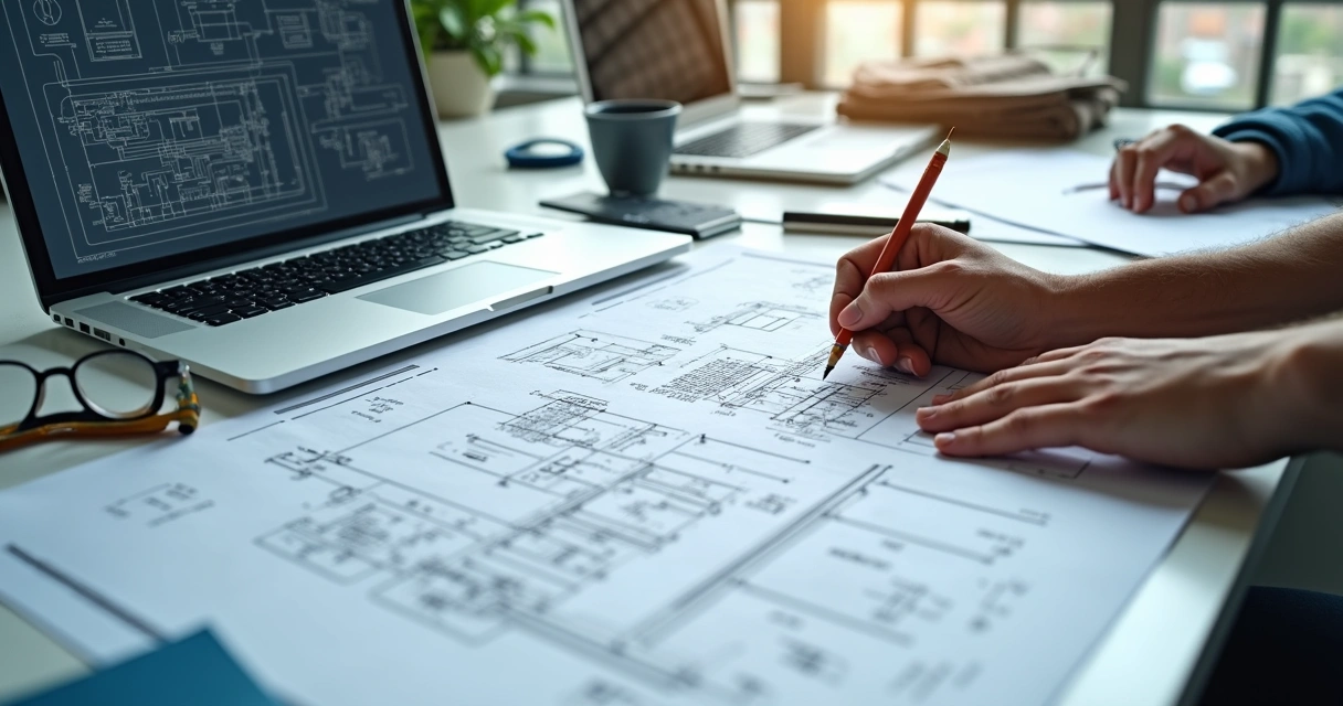 Engenheiro avaliando projeto elétrico industrial com plantas, notebook e equipamentos em mesa 