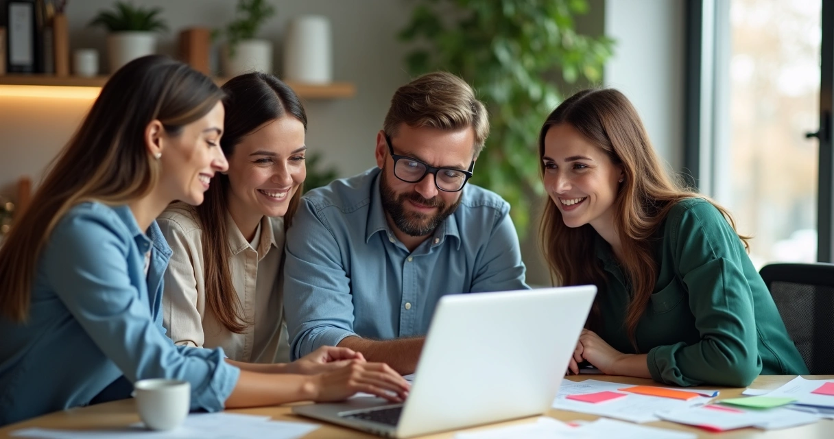 Profissionais colaborando em projeto, sentados em volta de um notebook no escritório. 