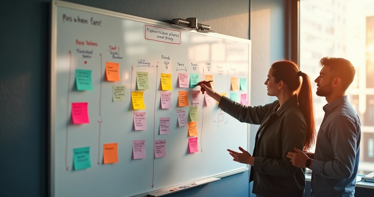 Quadro branco com tarefas divididas em etapas menores, post-its coloridos e marcações de progresso