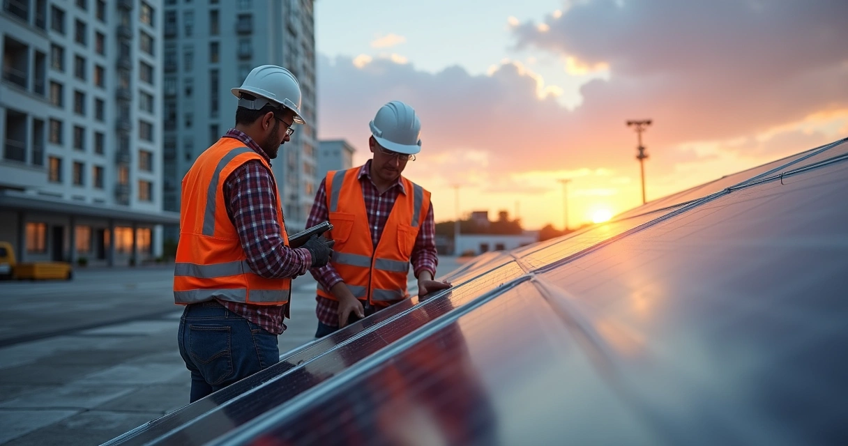 Equipe técnica analisa telhado comercial para instalar painéis solares 