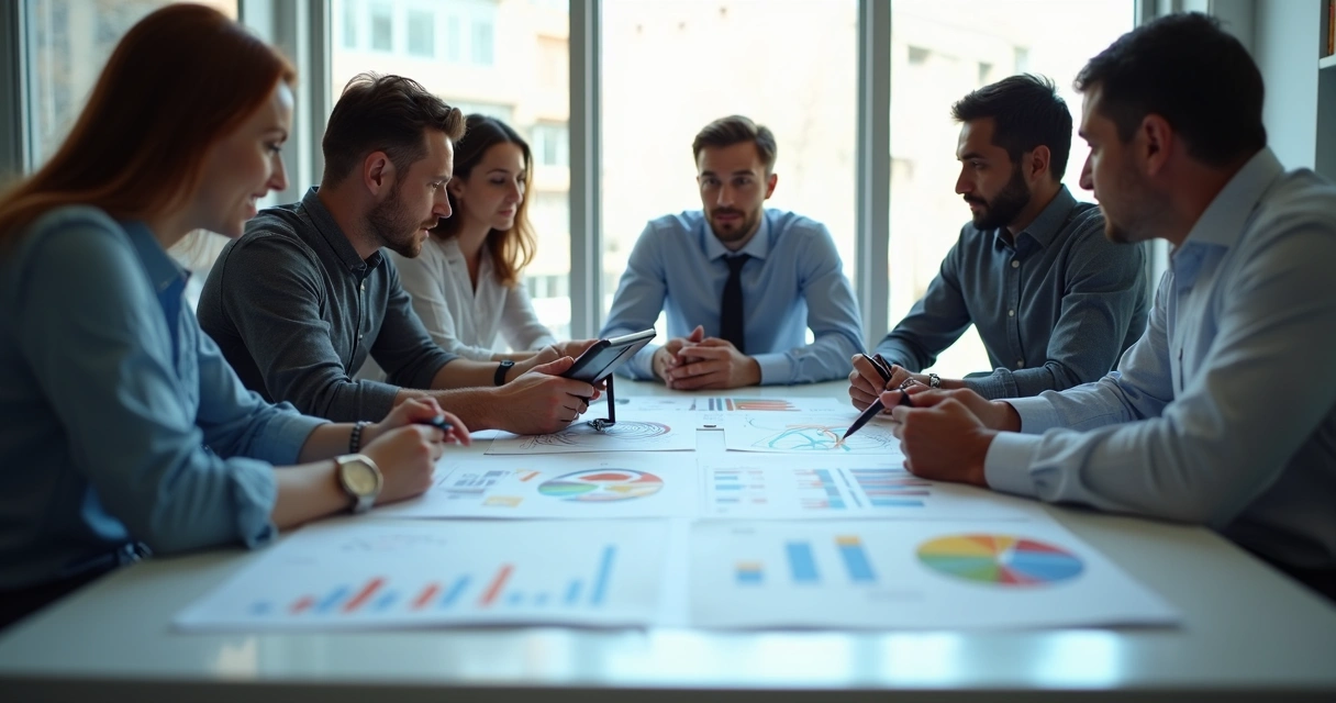 Equipe empresarial reunida ao redor de uma mesa analisando gráficos e discutindo dados 