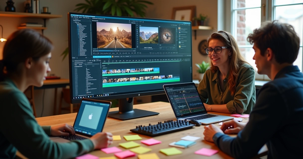 Equipe multidisciplinar reunida ao redor de uma tela com ferramentas de edição abertas 