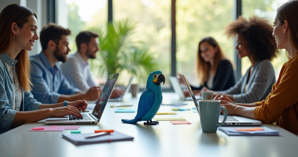 Equipe de trabalho usando solução no-code na mesa de reunião