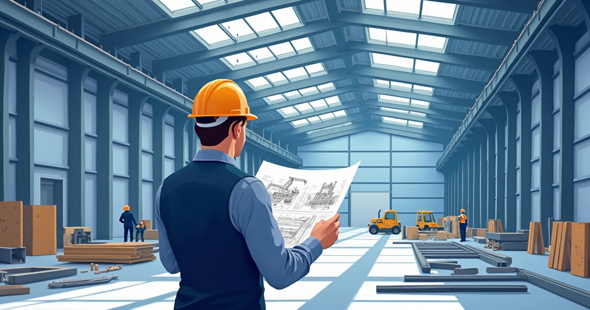 Engenheiro faz análise de estrutura metálica de galpão industrial 