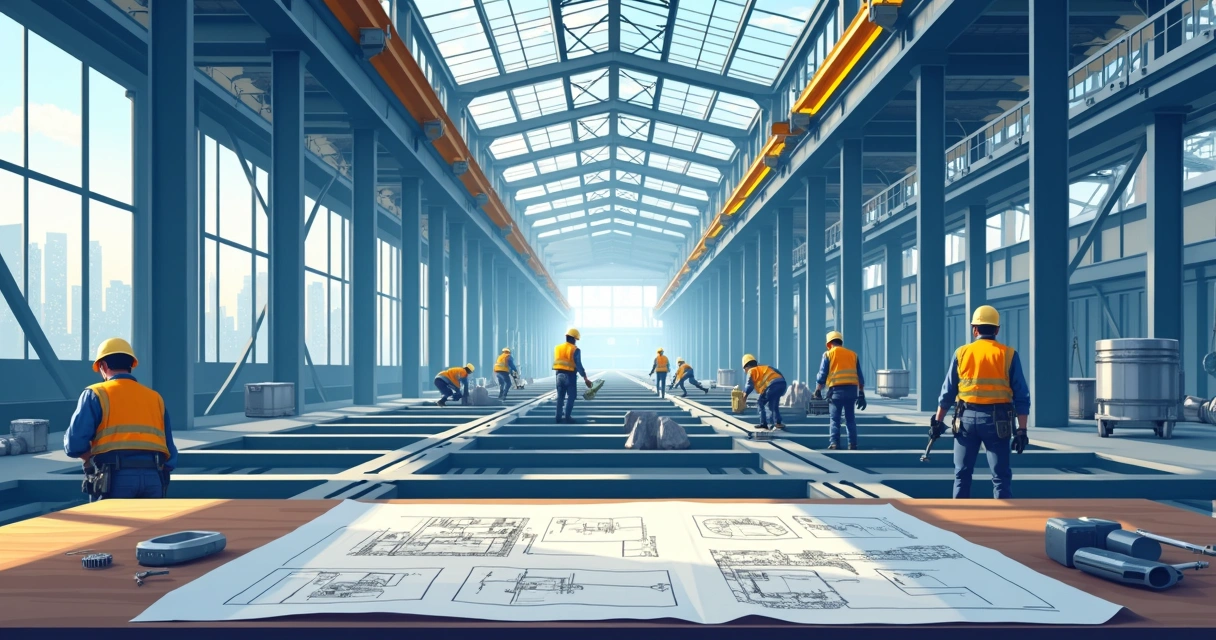 Projeto colorido de estrutura metálica industrial durante montagem 