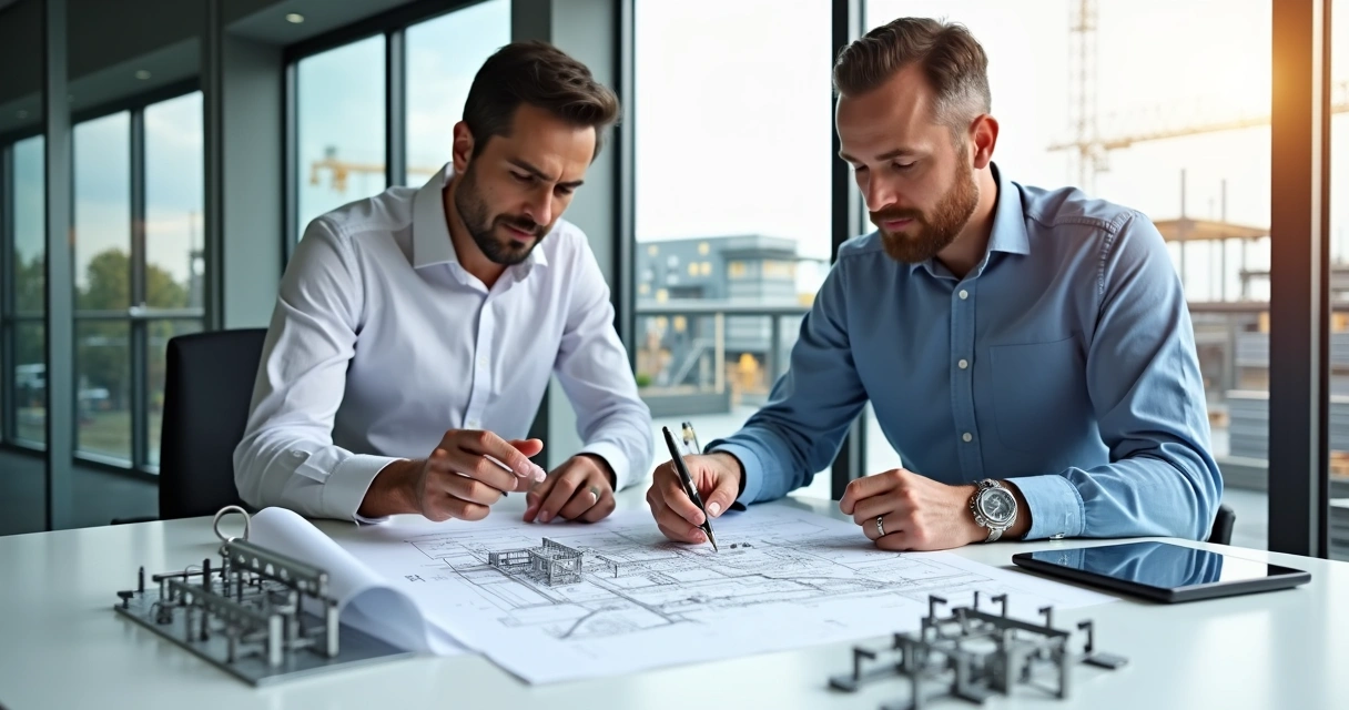 Engenheiro analisando projeto de estrutura metálica residencial 