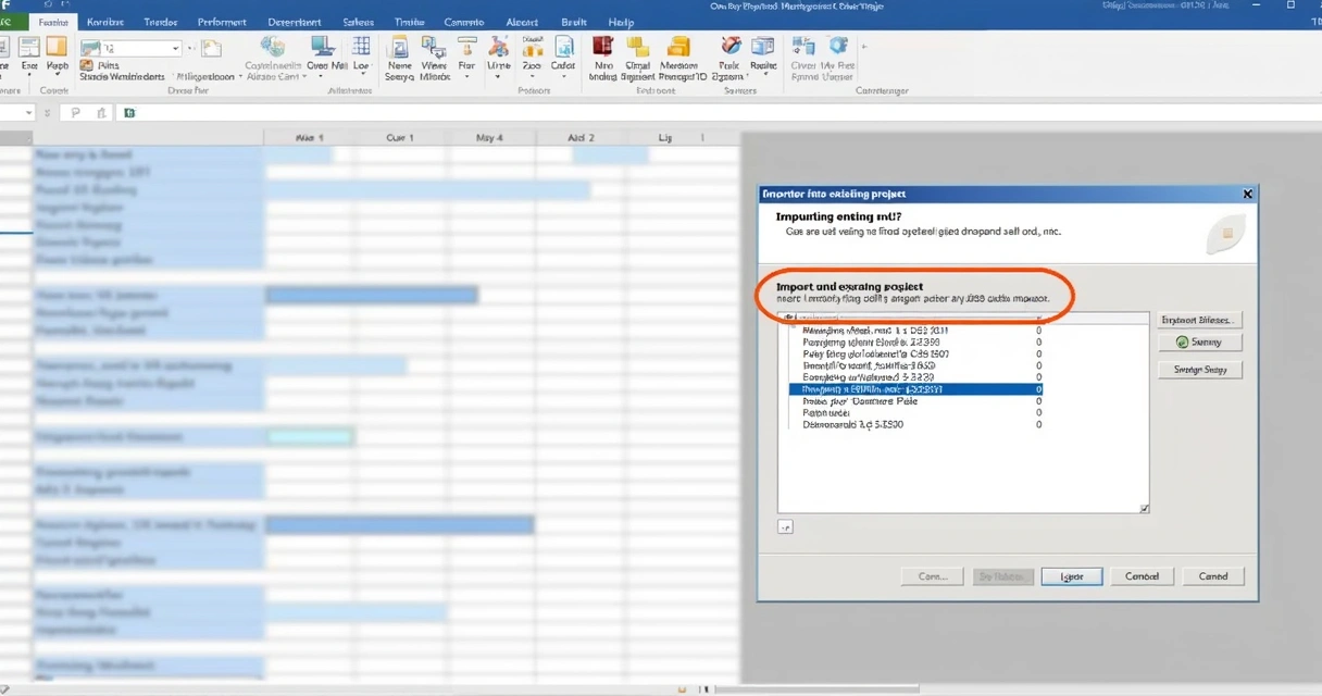 Tela do MS Project exibindo um cronograma e opção de importar dados para projeto existente 