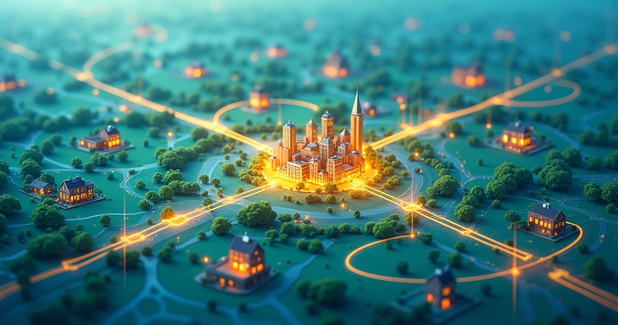Mapa ilustrado mostrando a expansão da rede de fibra óptica em diferentes cidades 