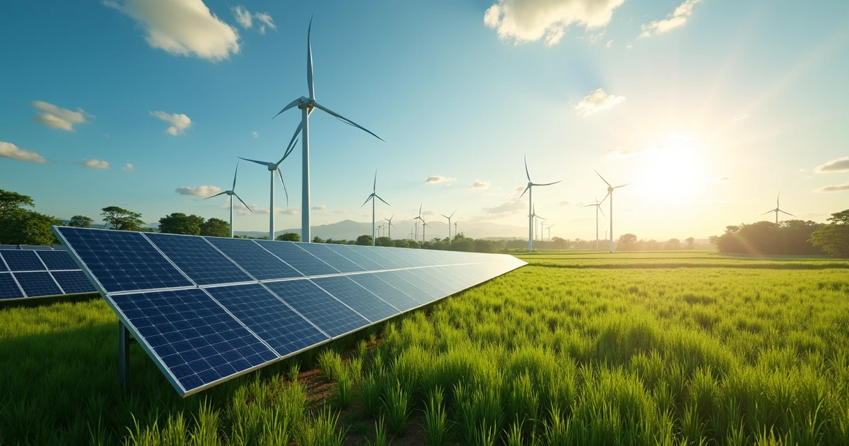 Painéis solares e turbinas eólicas lado a lado em campo verde 