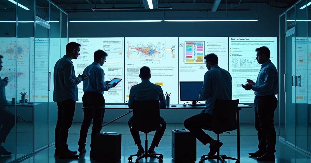 Equipe de tecnologia trabalhando em projeto de IA avançada, analisando gráficos complexos 