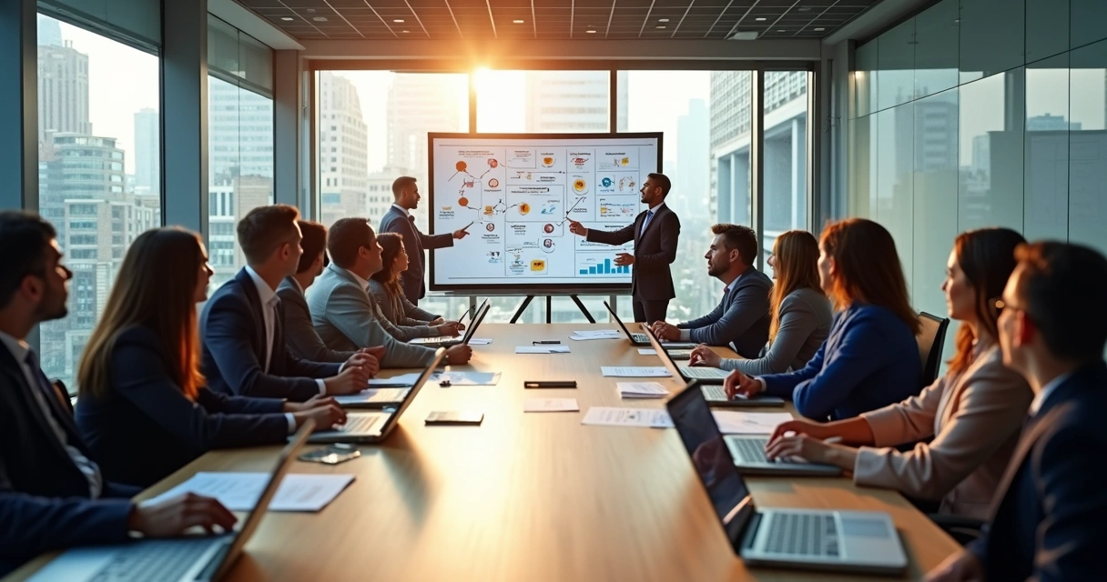 Equipe reunida debatendo um projeto de tecnologia, com gráficos e notebooks na mesa 