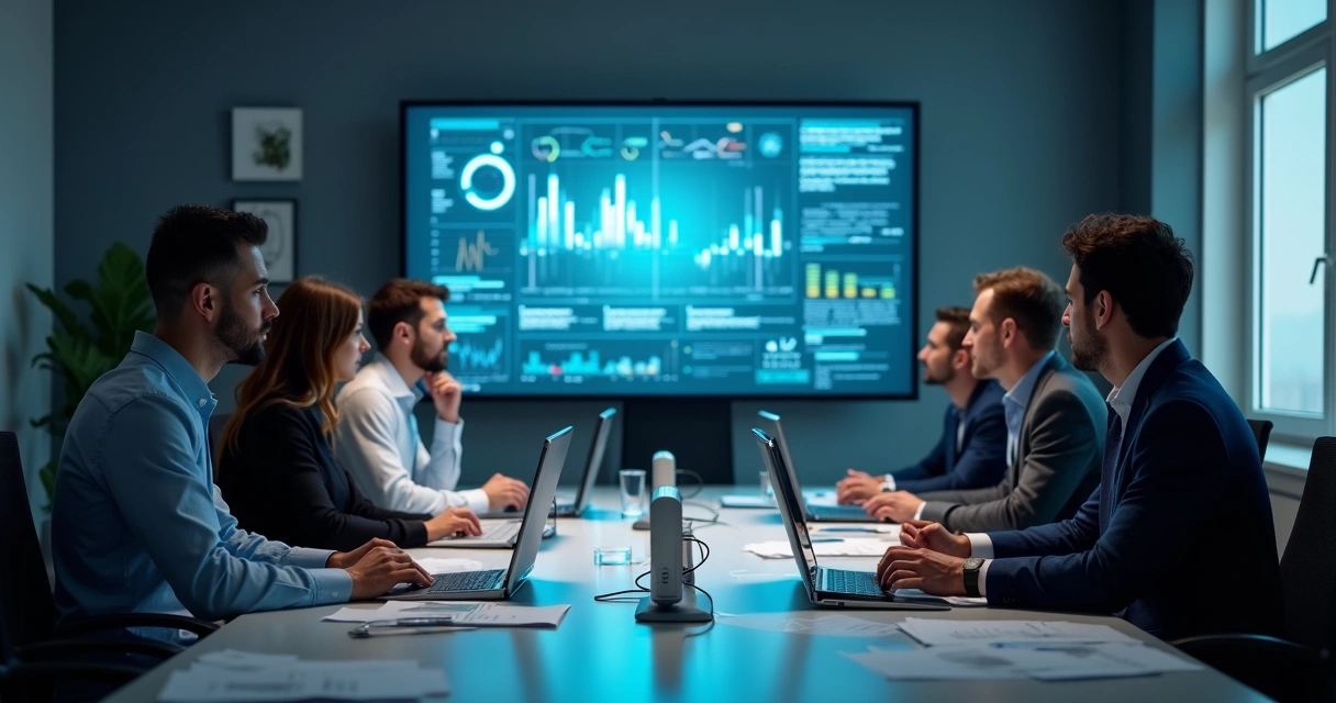 Equipe em reunião olhando vários gráficos, mas nenhum computador rodando IA 