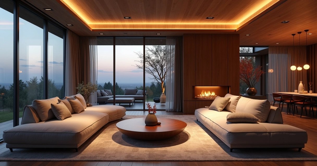 Sala de estar iluminada com luminárias modernas no teto, luz natural ao fundo e detalhes decorativos 