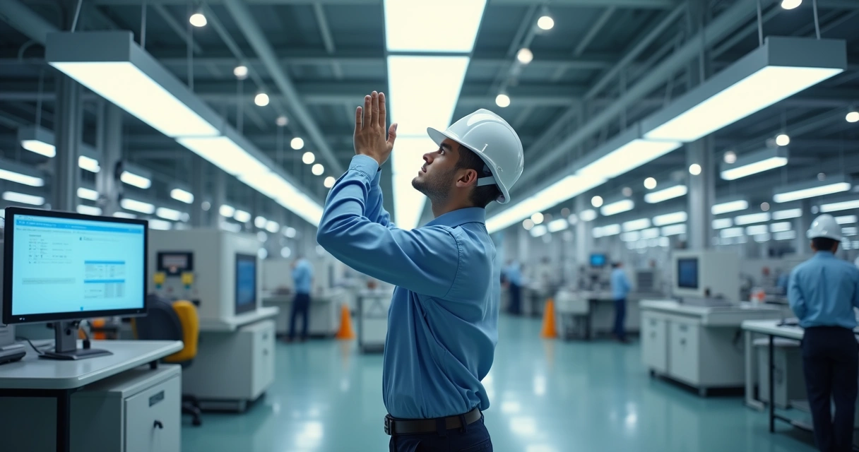 Engenheiro faz ajustes em sistema de iluminação LED moderno em ambiente industrial limpo e bem iluminado. 