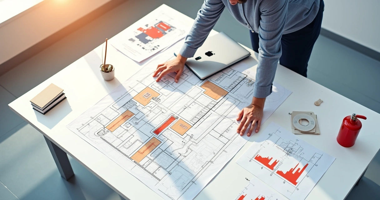 Arquiteto trabalhando em projeto de incêndio 