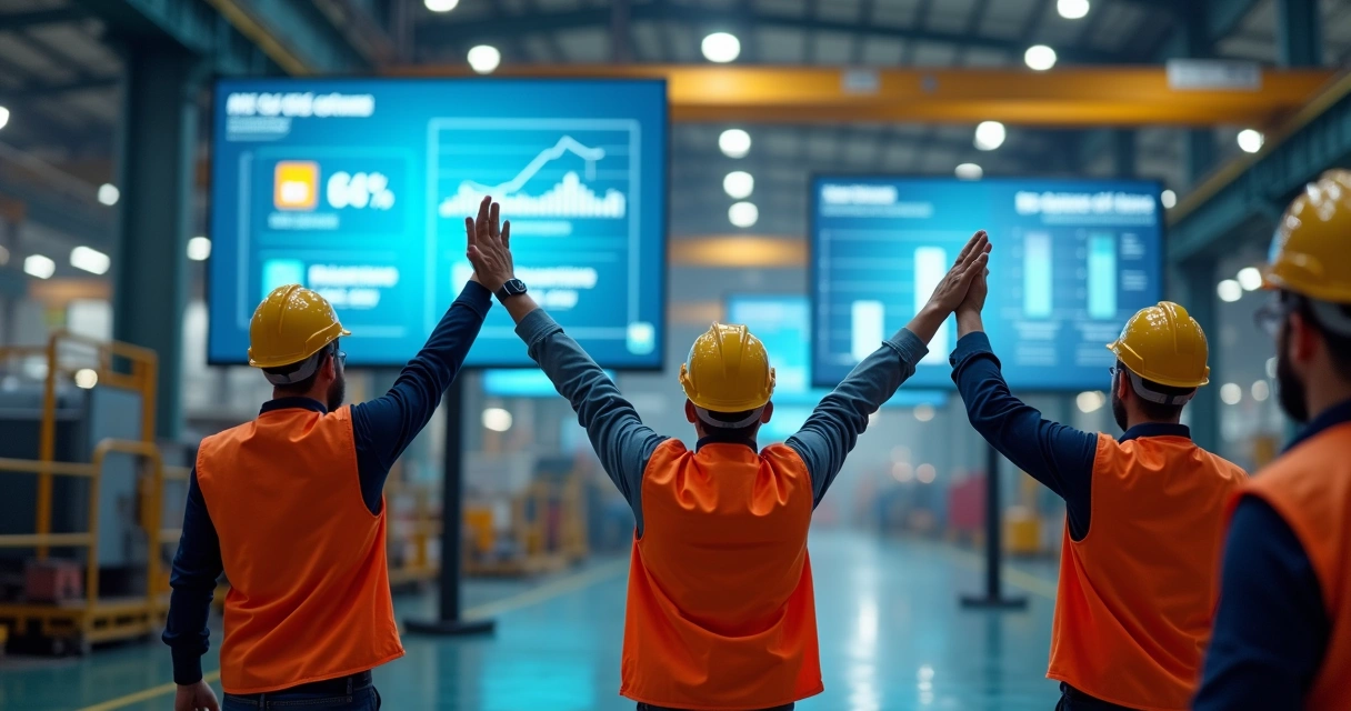 Equipe industrial comemorando a conclusão de um projeto bem-sucedido 