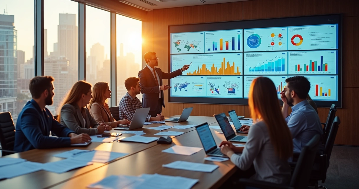 Reunião de equipe analisando gráficos de projetos de inovação 