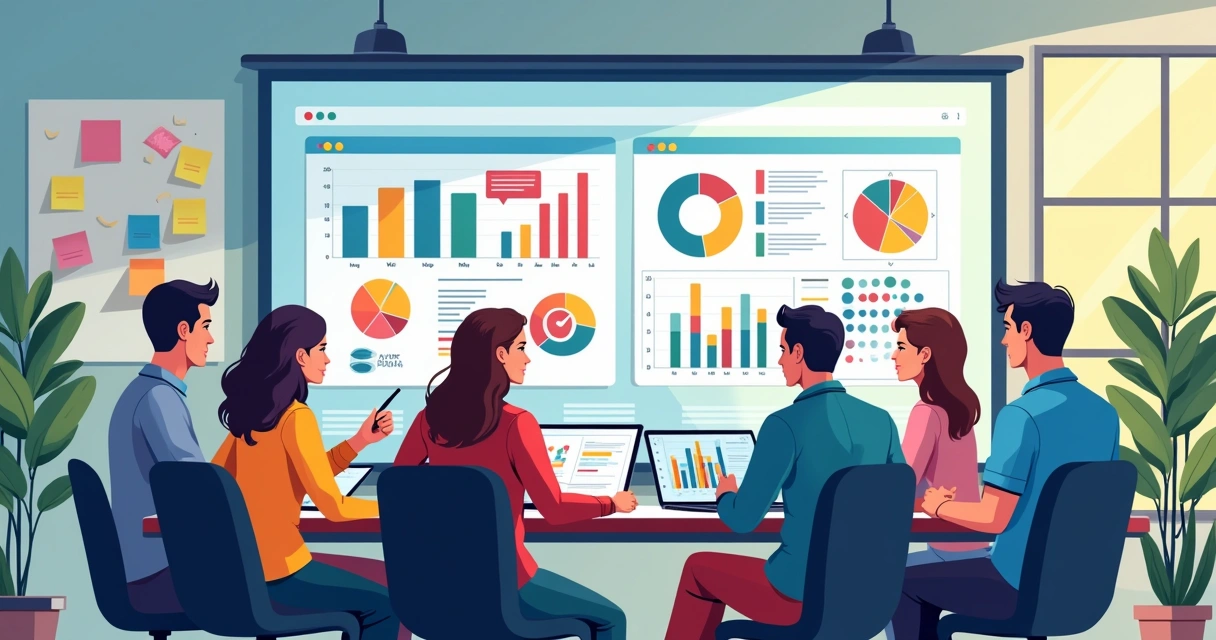 Equipe de projeto inovador reunida em frente a telas com dashboards 