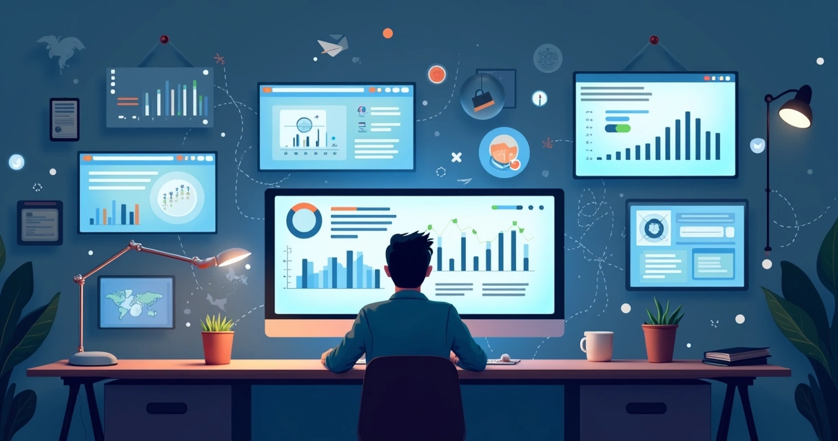 Profissional em escritório analisando integrações entre softwares empresariais 