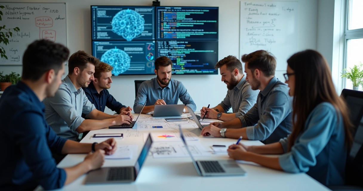 Equipe discute código de inteligência artificial em sala de reunião 