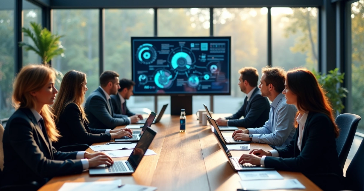 Profissionais reunidos discutindo um projeto de inteligência artificial com gráficos e computadores 
