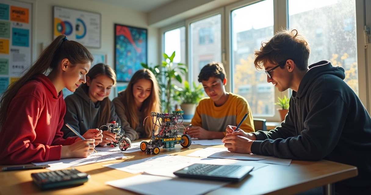 Jovens trabalhando juntos em projeto interdisciplinar