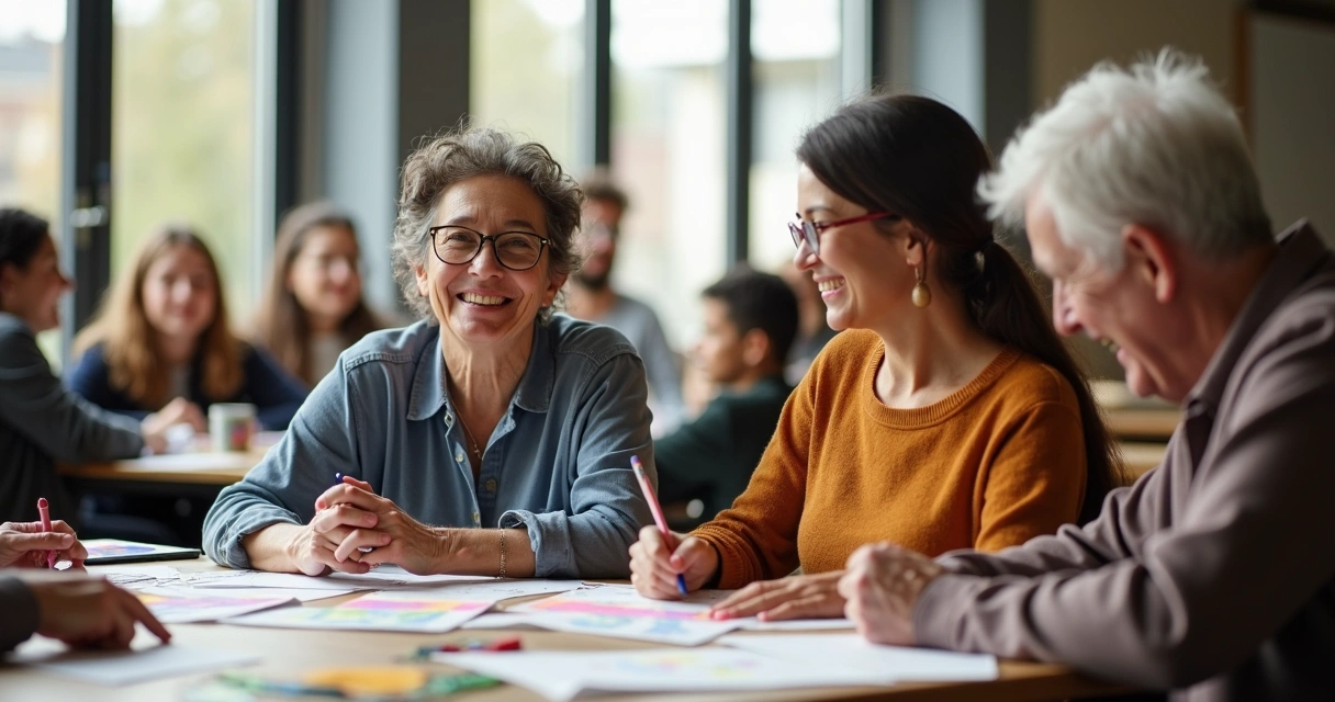 Jovens e idosos participam de atividade em grupo intergeracional 