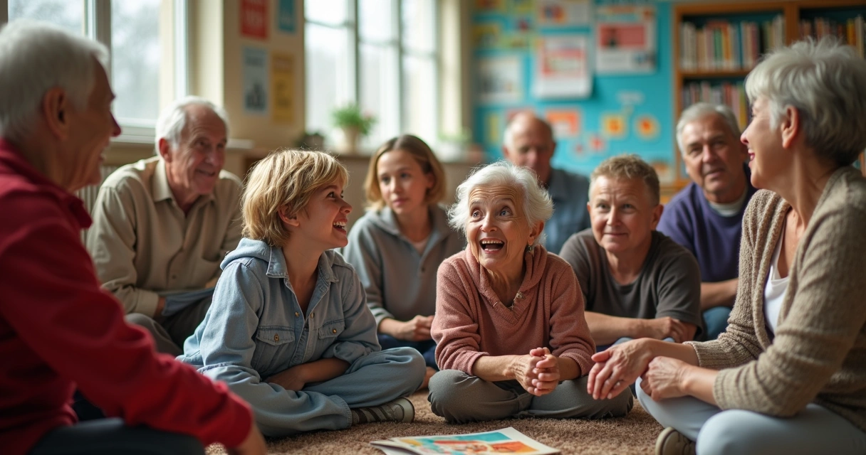 Crianças e idosos participando juntos de roda de conversa em escola