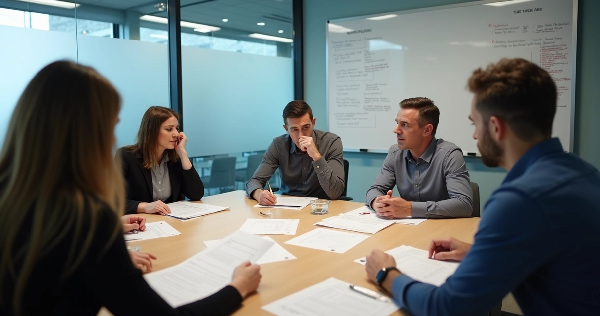 Grupo ao redor de mesa com expressões tensas após interrupção de projeto 