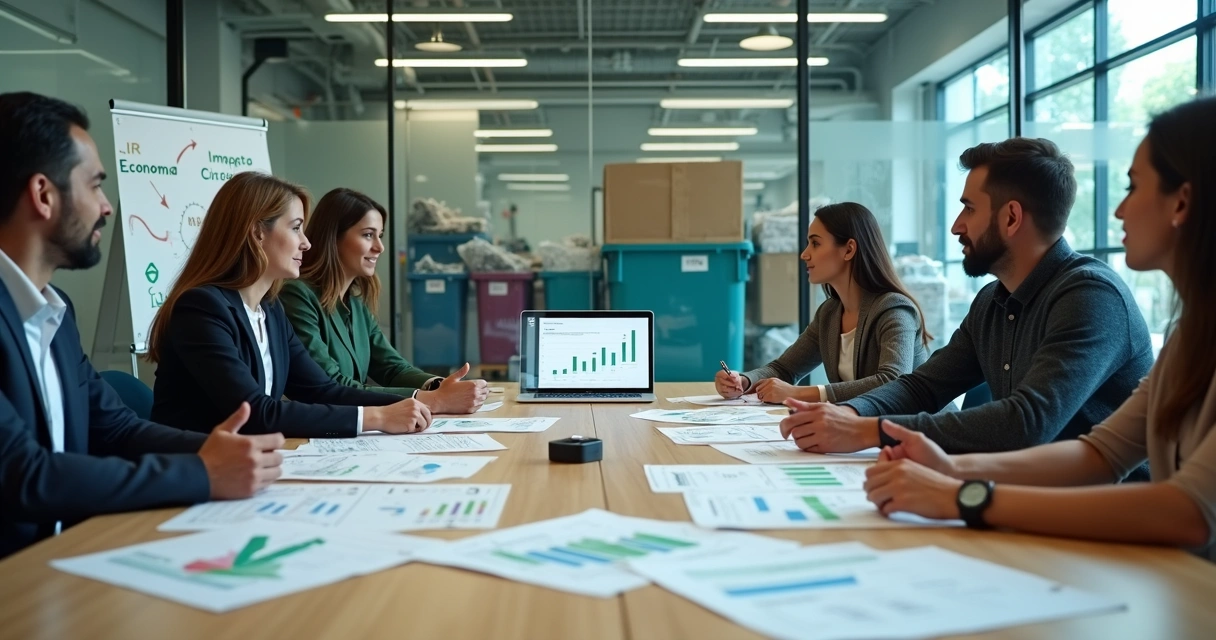 Equipe analisa projeto de reciclagem com gráficos e resíduos ao fundo 