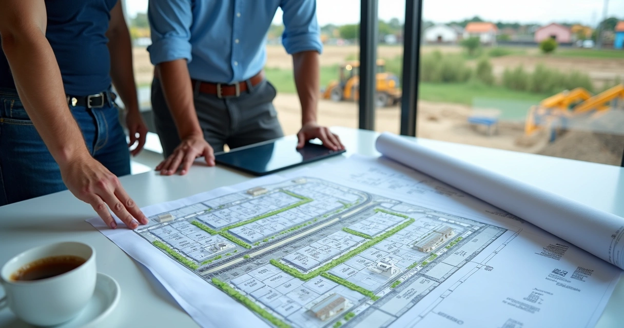 Engenheiro analisando planta de loteamento com infraestrutura urbana completa 