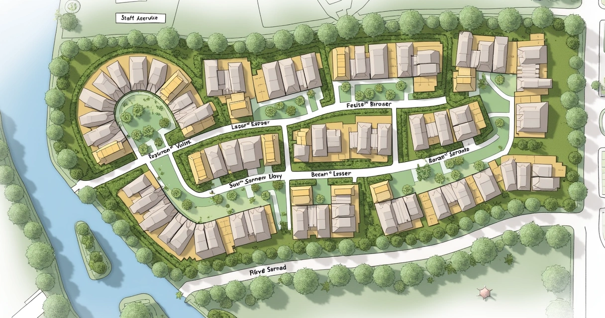 Planta de loteamento urbano com ruas, áreas verdes e lotes demarcados 