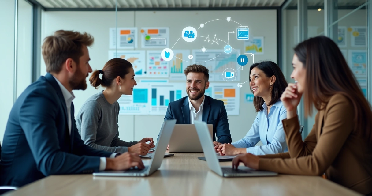 Equipe de marketing reunida em sala moderna com elementos digitais ao redor 