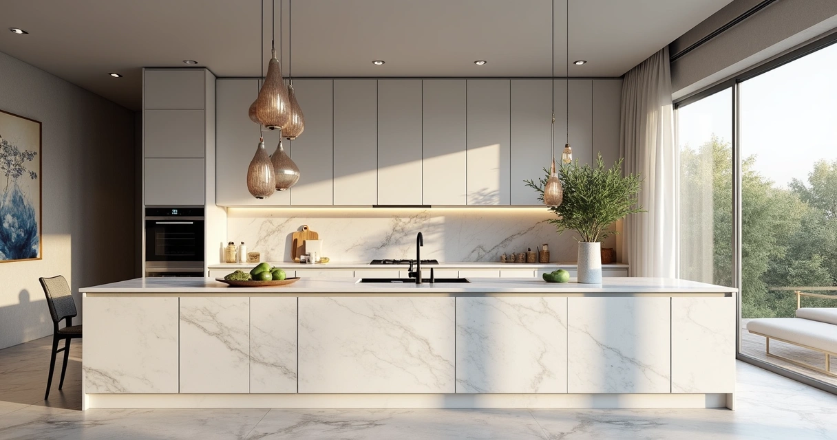 Projeto digital de bancada de mármore para cozinha residencial, ambiente aberto 